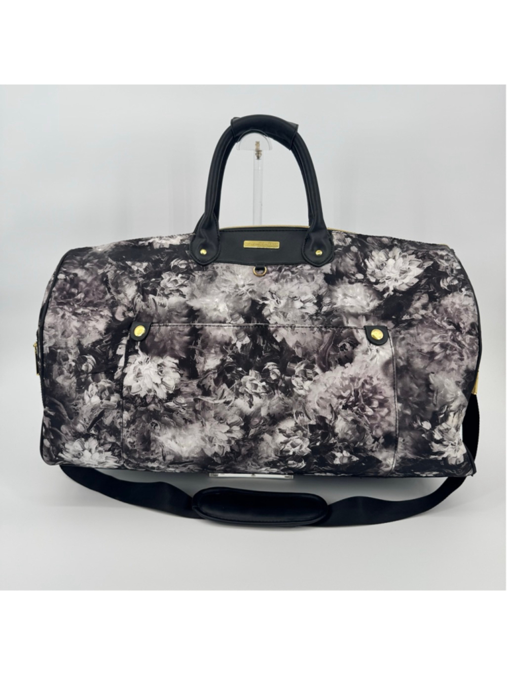 Adrienne Vittadini Large Travel Duffel Bag Gold Black White Floral Watercolor